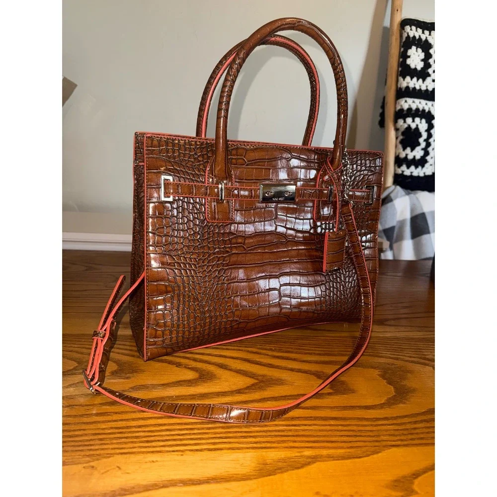 Nine West Brown Croc Embossed Satchel Handbag Orange Trim Crossbody Bag